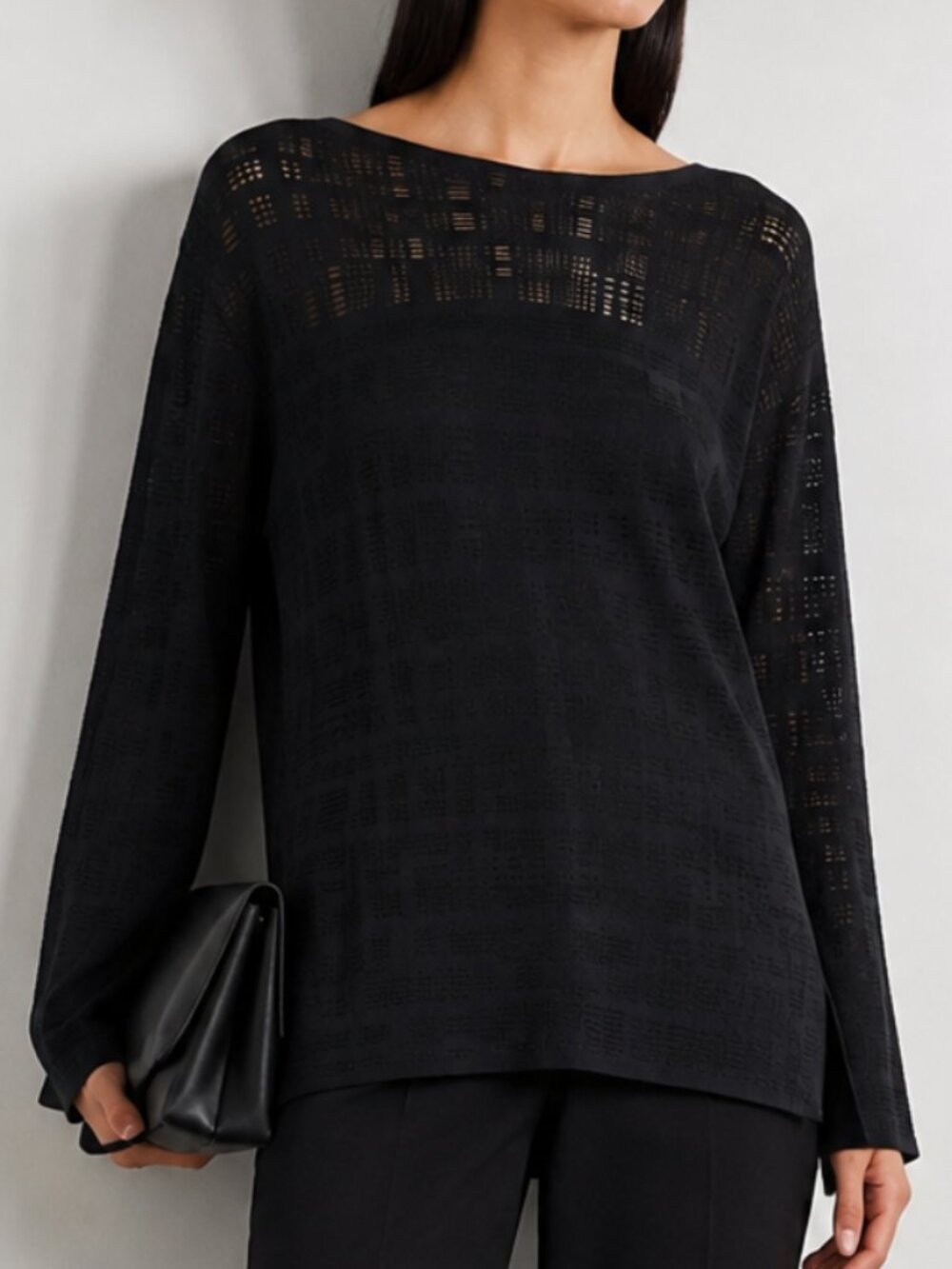 Akris semi sheer textured mulberry silk black Sweater Sz 6 Switzerland